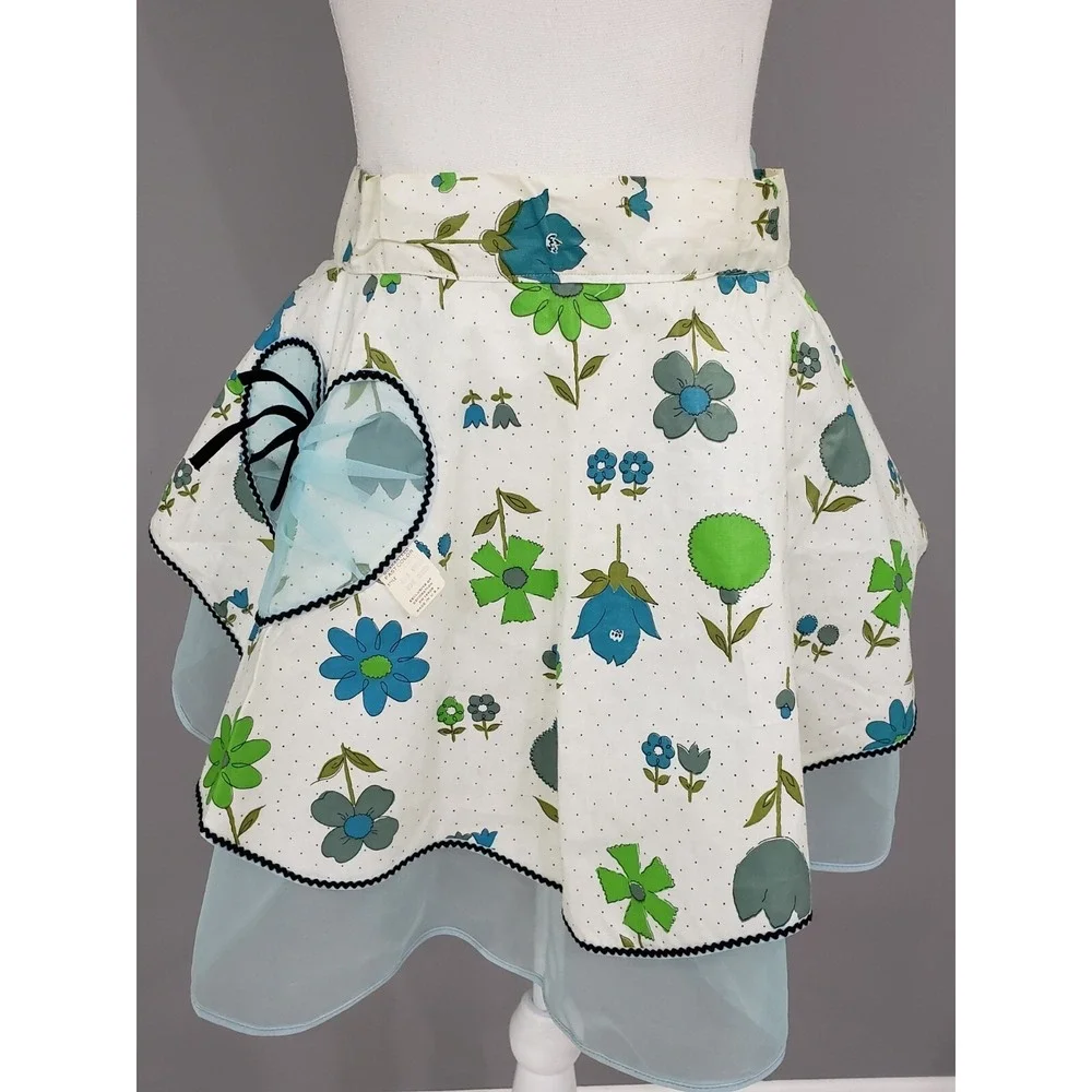 Vintage 1950s Blue Floral Hostess Apron Sheer Organza Overlay Bow Waist Retro